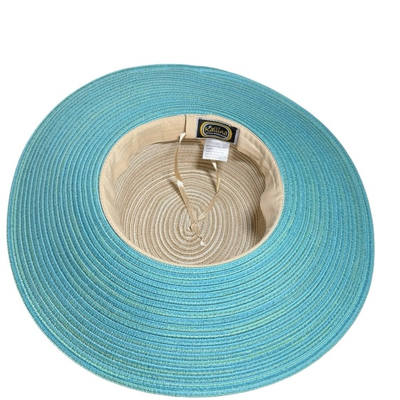 NWOT Kallina Wide Brim Sun Hat Blue Tan Beaded Butterfly Charm Sun Protection - Picture 5 of 13